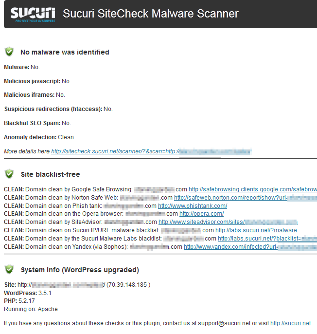 example of a sucuri scan result using the wordpress plugin