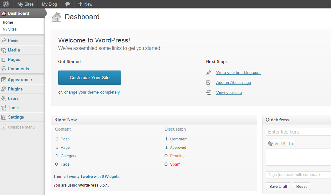 Normal Wordpress Dashboard 