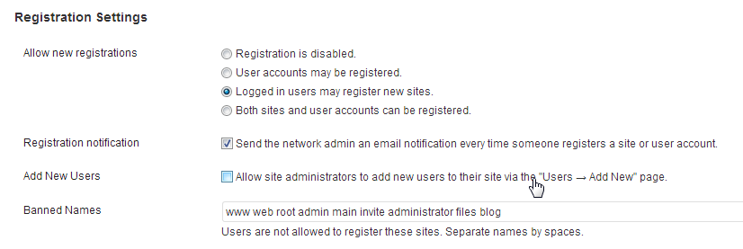 Registration Settings in Network Admin