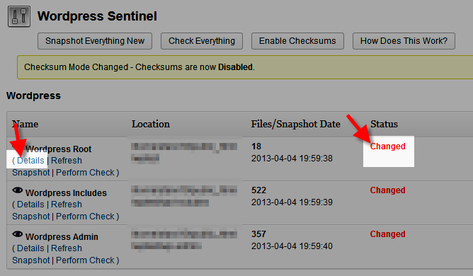view of changed notification from wordpress sentinel