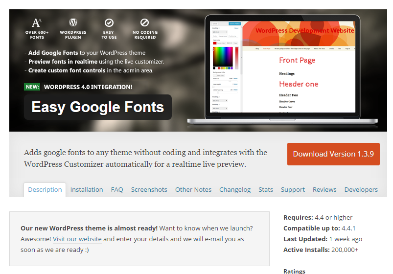 Easy Google Fonts plugin page